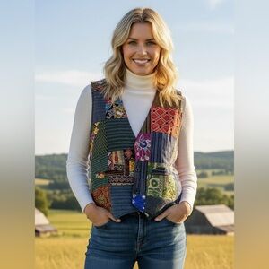 Thai One On Patchwork Vest Women's S M Cotton Boho Festival Hippie Country